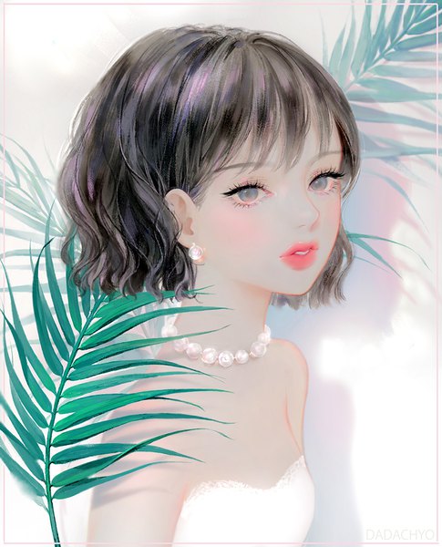 Anime picture 900x1113 with original dadachyo single tall image blush short hair black hair bare shoulders signed upper body parted lips lips shadow grey eyes lipstick border pink lipstick girl earrings leaf (leaves)