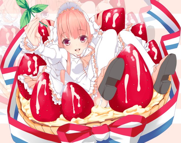 Anime picture 1262x1000 with natsuki yuu (amemizu) single long hair looking at viewer open mouth red eyes pink hair girl thighhighs dress white thighhighs food shoes sweets bonnet berry (berries) cake strawberry