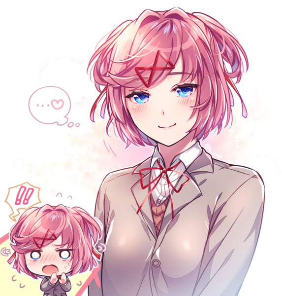Anime picture 859x900 with doki doki literature club natsuki (doki doki literature club) aicedrop tall image looking at viewer blush short hair open mouth blue eyes simple background white background signed pink hair upper body long sleeves light smile two side up embarrassed multiview chibi