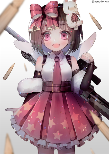Anime picture 1061x1500 with girls frontline m99 (girls frontline) hanato (seonoaiko) single tall image looking at viewer blush fringe short hair open mouth simple background brown hair bare shoulders signed blunt bangs pink eyes depth of field twitter username star print girl