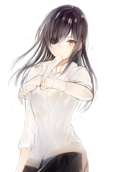 Anime picture 600x895 with original lpip single long hair tall image looking at viewer fringe black hair simple background standing white background holding pleated skirt midriff orange eyes mouth hold wet clothes open collar twisty sleeves girl