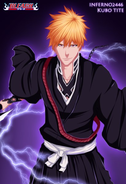 Anime picture 800x1166 with bleach studio pierrot kurosaki ichigo inferno2446 single tall image short hair simple background smile traditional clothes japanese clothes pink eyes orange hair inscription coloring magic purple background electricity boy belt