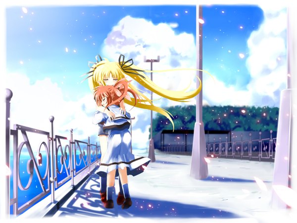 Anime picture 1280x960 with mahou shoujo lyrical nanoha fate testarossa takamachi nanoha shino (eefy) long hair blonde hair brown hair twintails eyes closed wallpaper hug girl ribbon (ribbons) hair ribbon petals