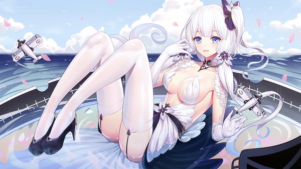 Anime picture 1500x844 with azur lane illustrious (azur lane) ririko (zhuoyandesailaer) single long hair looking at viewer blush fringe breasts open mouth blue eyes light erotic smile wide image sitting twintails sky cleavage cloud (clouds) full body