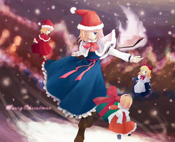 Anime picture 1280x1038 with touhou alice margatroid shanghai snowing christmas winter girl book (books) gift doll (dolls)