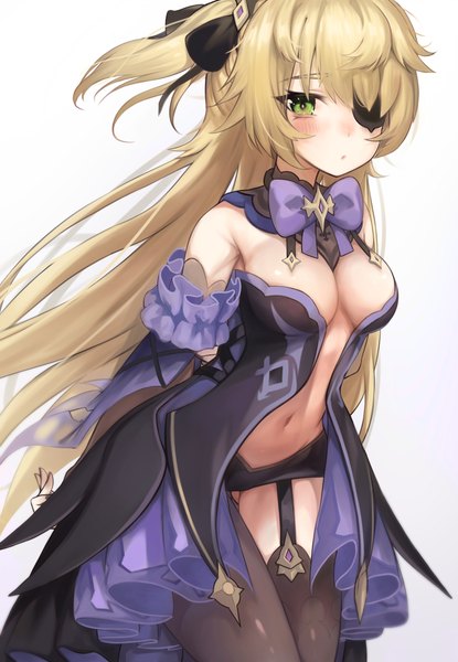 Anime picture 3995x5769 with genshin impact fischl (genshin impact) torriet single long hair tall image looking at viewer blush fringe highres breasts light erotic simple background blonde hair white background bare shoulders green eyes payot absurdres hair over one eye