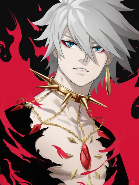Anime picture 2000x2667 with fate (series) fate/grand order karna (fate) himmel single tall image looking at viewer fringe highres short hair blue eyes hair between eyes silver hair upper body parted lips boy gem single earring spikes