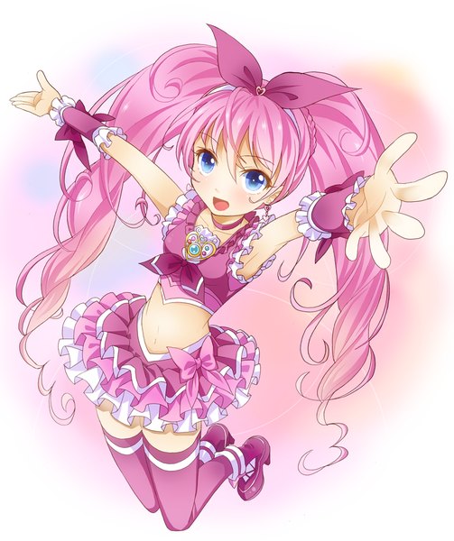Anime picture 838x1000 with precure suite precure toei animation houjou hibiki cure melody ratryu single long hair tall image looking at viewer blush open mouth blue eyes twintails pink hair from above bare belly armpit (armpits) spread arms girl