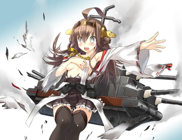 Anime picture 1227x950 with kantai collection kongou battleship patricia (stylish marunage) single long hair blush breasts open mouth light erotic brown hair ahoge torn clothes silver eyes nontraditional miko girl thighhighs weapon black thighhighs detached sleeves hairband