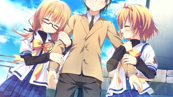 Anime picture 1280x720 with clover day's long hair blush short hair open mouth blonde hair smile wide image multiple girls game cg eyes closed girl boy uniform 2 girls school uniform glasses