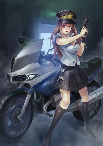 Anime picture 2480x3507 with original lascalis (artist) single long hair tall image looking at viewer highres brown hair purple eyes lipstick fog girl skirt uniform boots gun peaked cap motorcycle police uniform