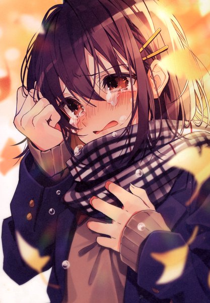 Anime-Bild 3208x4619 mit original oshio (dayo) single tall image blush fringe highres short hair open mouth hair between eyes brown hair standing brown eyes looking away absurdres upper body long sleeves blurry scan open clothes