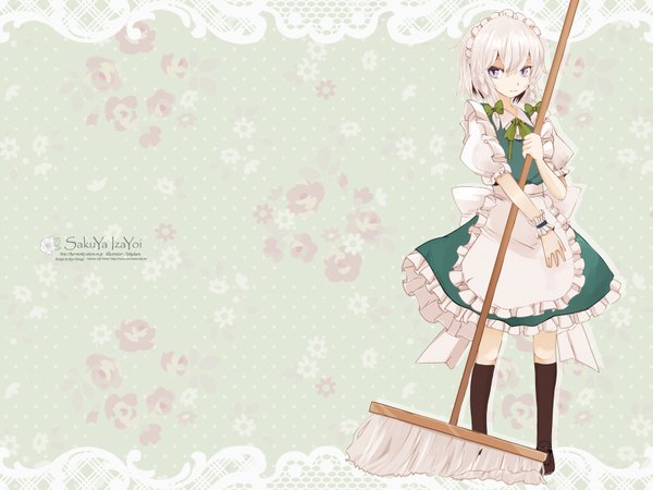 Anime picture 1600x1200 with touhou izayoi sakuya takaharu single fringe short hair blue eyes smile hair between eyes standing signed silver hair braid (braids) short sleeves maid puffy sleeves character names twin braids polka dot floral background