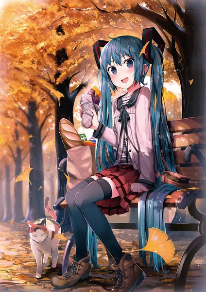 Anime picture 852x1205 with vocaloid hatsune miku shirakaba single tall image looking at viewer blush open mouth twintails holding very long hair pleated skirt aqua eyes aqua hair alternate costume zettai ryouiki happy lacing autumn girl
