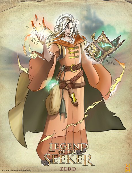 Anime picture 1500x1965 with legend of the seeker zeddicus zu'l zorander pikatya single long hair tall image looking at viewer full body white hair copyright name character names magic boy book (books) cape fire fanny pack