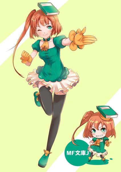 Anime picture 1240x1753 with original mataichi mataro tall image looking at viewer blush short hair smile brown hair green eyes one eye closed wink one side up chibi girl thighhighs dress gloves black thighhighs book (books)