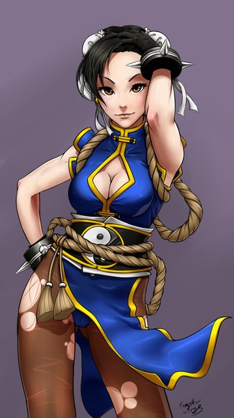 Anime picture 2160x3840 with street fighter capcom chun-li forgotten-wings single tall image looking at viewer highres short hair light erotic black hair simple background brown eyes light smile dark background torn pantyhose girl pantyhose