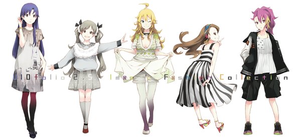 Anime picture 1727x800 with idolmaster idolmaster million live! hoshii miki kisaragi chihaya minase iori hakozaki serika maihama ayumu yoshito (u10) long hair looking at viewer highres open mouth blonde hair simple background smile brown hair wide image white background twintails purple eyes