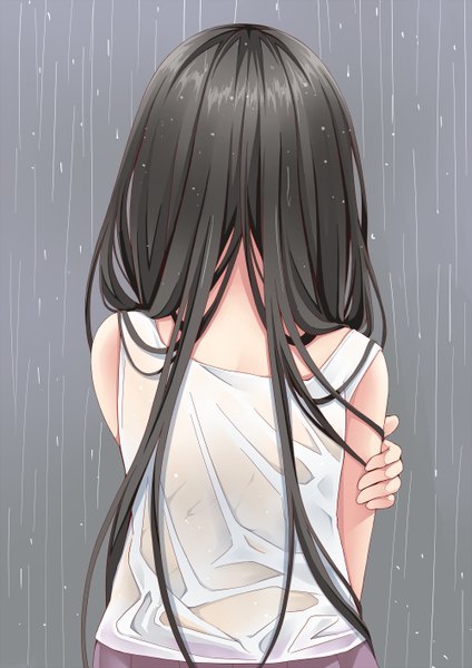 Anime picture 1000x1414 with original creek (moon-sky) single long hair tall image black hair simple background upper body pleated skirt from behind grey background wet sleeveless back rain wet clothes wet t-shirt girl skirt water drop