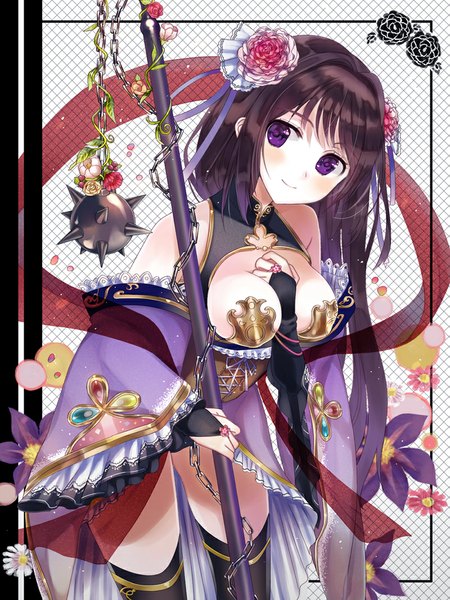 Anime picture 800x1066 with original yuuki rika long hair tall image looking at viewer blush breasts light erotic black hair smile purple eyes girl thighhighs dress hair ornament flower (flowers) weapon black thighhighs chain