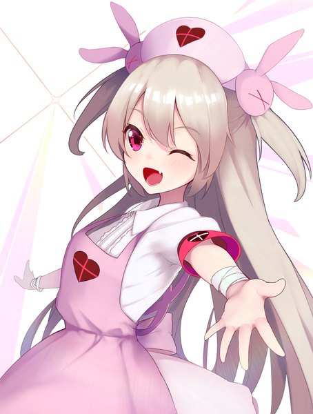 Anime picture 1400x1850 with virtual youtuber sana channel natori sana shuuha arutsu single long hair tall image fringe open mouth blonde hair hair between eyes one eye closed pink eyes wink fang (fangs) two side up ;d outstretched hand nurse heart print