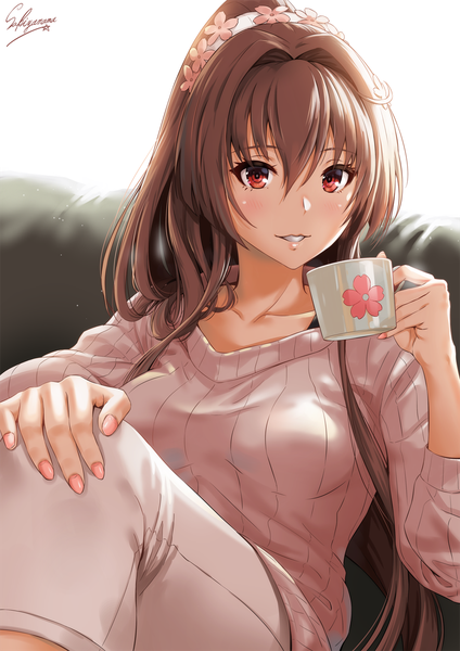 Anime-Bild 1000x1414 mit kantai collection yamato super battleship sakiyamama single long hair tall image looking at viewer blush fringe simple background hair between eyes red eyes brown hair white background sitting holding signed ponytail nail polish parted lips