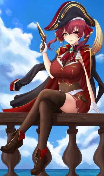 Anime picture 3014x5067 with virtual youtuber hololive houshou marine houshou marine (1st costume) zaphn single long hair tall image looking at viewer blush fringe highres breasts smile hair between eyes red eyes large breasts sitting twintails holding