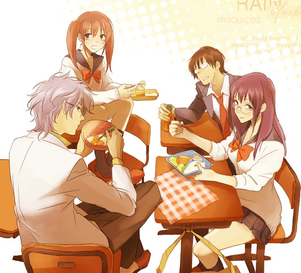 Anime picture 1187x1078 with gintama sunrise (studio) sakata gintoki kagura (gintama) shimura shinpachi sarutobi ayame koutarou (artist) short hair smile brown hair sitting twintails multiple girls brown eyes purple hair grey hair from behind multiple boys grin short twintails