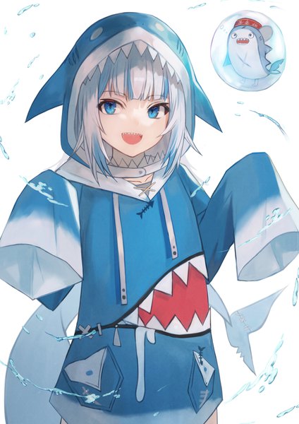 Anime picture 2894x4093 with virtual youtuber hololive hololive english gawr gura gawr gura (1st costume) bloop (gawr gura) motota single long hair tall image looking at viewer fringe highres open mouth blue eyes silver hair upper body tail blunt bangs long sleeves