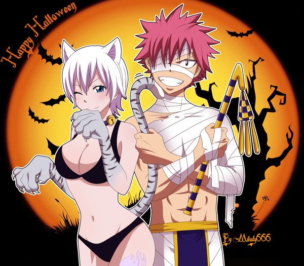 Anime picture 1600x1400 with fairy tail natsu dragneel lisanna strauss milady666 short hair blue eyes light erotic smile animal ears pink hair white hair one eye closed wink cat ears inscription cat girl cat tail grey eyes tattoo grin