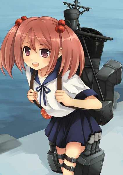 Anime picture 720x1020 with kantai collection sazanami destroyer kouno hikaru long hair tall image open mouth brown hair twintails brown eyes girl skirt hair ornament weapon serafuku hair tie hair bobbles