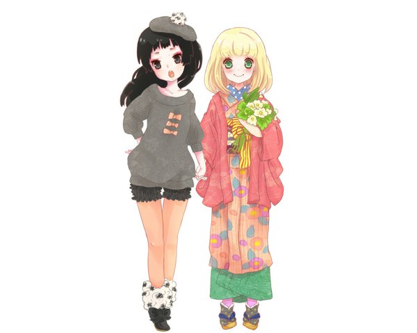 Anime picture 1024x819 with ao no exorcist a-1 pictures moriyama shiemi kamiki izumo tagme (artist) long hair blush short hair open mouth black hair simple background blonde hair smile white background multiple girls green eyes traditional clothes black eyes holding hands girl