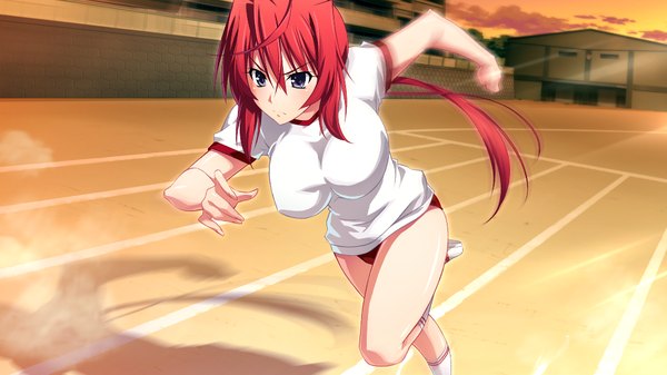 Anime picture 1024x576 with zero infinity long hair wide image game cg ponytail red hair black eyes running girl uniform gym uniform