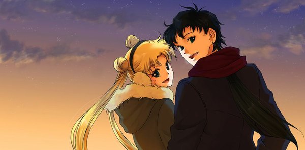 Anime picture 1000x494 with bishoujo senshi sailor moon toei animation tsukino usagi seiya kou long hair looking at viewer open mouth blue eyes black hair blonde hair smile wide image twintails multiple girls sky cloud (clouds) light smile from behind night sky couple