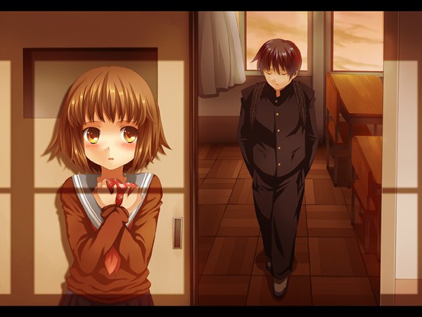 Anime picture 1060x797 with original laco soregashi blush short hair brown hair brown eyes valentine classroom uniform school uniform heart door