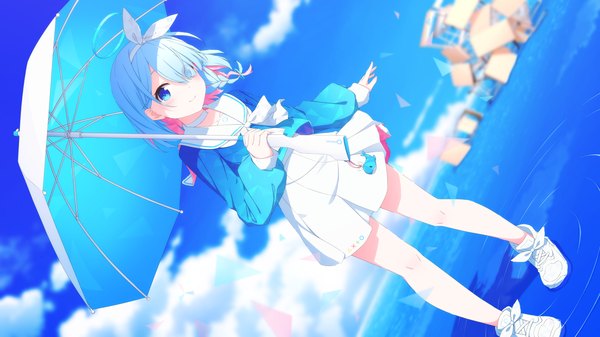 Anime-Bild 1778x1000 mit blue archive arona (blue archive) aoi thomas single looking at viewer fringe highres short hair blue eyes wide image blue hair sky cloud (clouds) full body hair over one eye bare legs dutch angle ripples girl skirt