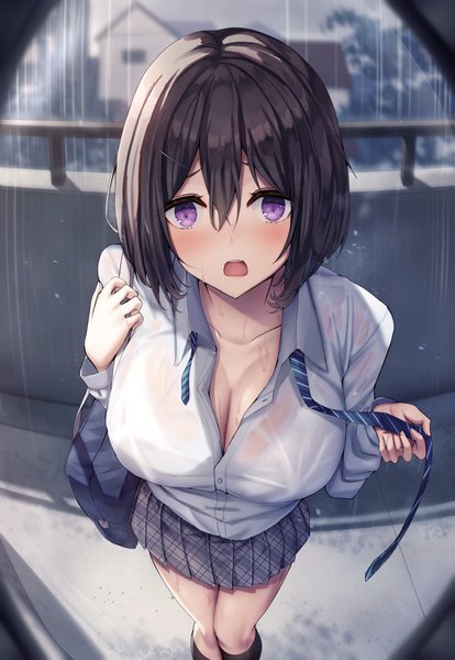 Anime picture 3032x4392 with original liya single tall image looking at viewer blush fringe highres short hair breasts open mouth light erotic black hair hair between eyes large breasts standing purple eyes absurdres sky cleavage