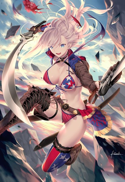 Anime picture 689x1000 with fate (series) fate/grand order miyamoto musashi (fate) miyamoto musashi (swimsuit berserker) (fate) kousaki rui single long hair tall image looking at viewer fringe breasts open mouth blue eyes light erotic large breasts holding signed sky cleavage cloud (clouds)