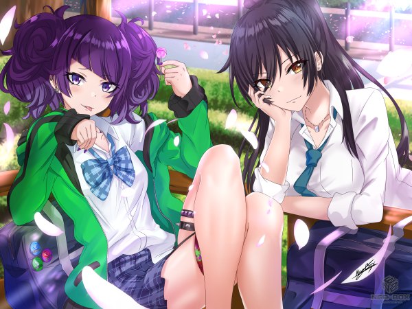 Anime picture 4800x3600 with idolmaster idolmaster shiny colors shirase sakuya tanaka mamimi nez-kun (nezkunn) long hair looking at viewer blush fringe highres short hair breasts light erotic black hair hair between eyes purple eyes twintails multiple girls holding brown eyes