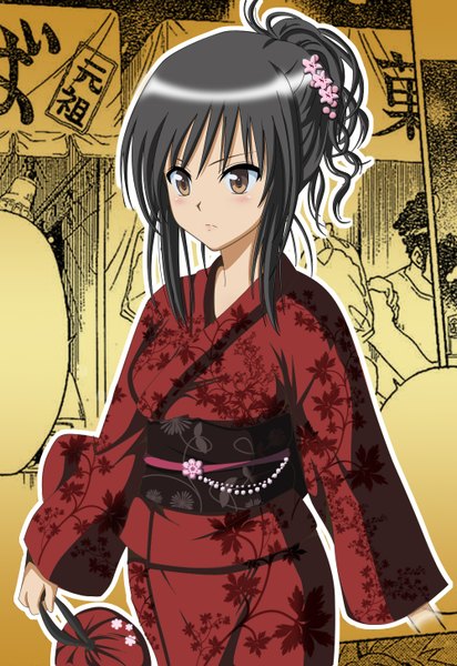 Anime picture 1000x1454 with toloveru toloveru darkness xebec kotegawa yui single tall image short hair black hair brown eyes traditional clothes japanese clothes alternate hairstyle hair up girl kimono