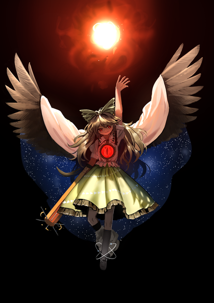 Anime picture 1290x1821 with touhou reiuji utsuho suna (s73d) single long hair tall image smile red eyes brown hair full body arm up glowing black wings arm cannon girl skirt bow weapon hair bow wings
