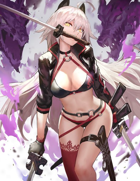 Anime picture 928x1200 with fate (series) fate/grand order jeanne d'arc (fate) (all) jeanne d'arc alter (fate) jeanne d'arc alter (swimsuit berserker) (fate) canking single long hair tall image looking at viewer fringe breasts light erotic hair between eyes standing holding animal ears yellow eyes cleavage silver hair