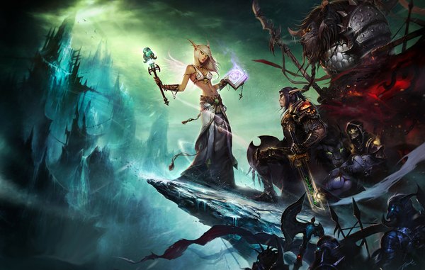 Anime picture 1920x1220 with world of warcraft blizzard entertainment blood elf long hair highres blonde hair sky pointy ears magic elf angel wings skeleton army girl boy weapon sword armor book (books) monster
