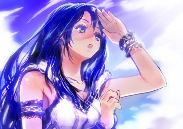 Anime picture 3508x2480 with original okuto single long hair blush fringe highres breasts open mouth blue eyes hair between eyes standing bare shoulders blue hair looking away absurdres sky upper body outdoors arm up