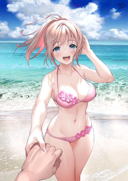Anime picture 850x1203 with original midori foo long hair tall image looking at viewer blush breasts open mouth blue eyes light erotic blonde hair smile large breasts standing signed payot sky cleavage cloud (clouds) outdoors