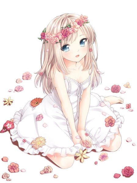 Anime picture 1024x1368 with original etou (cherry7) single long hair tall image looking at viewer blush open mouth blue eyes blonde hair sitting bare shoulders girl flower (flowers) sundress wreath