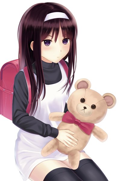 Anime picture 712x1080 with original megimegyo single long hair tall image blush black hair simple background white background purple eyes girl thighhighs white thighhighs hairband teddy bear
