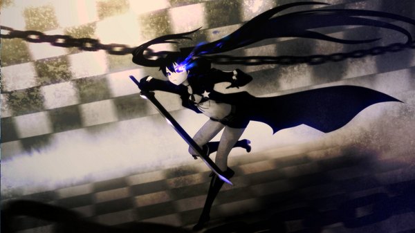 Anime picture 1920x1080 with black rock shooter black rock shooter (character) highres black hair wide image twintails glowing glowing eye (eyes) running checkered background girl weapon sword shorts boots katana cloak