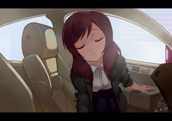 Anime picture 3508x2480 with love live! school idol project sunrise (studio) love live! nishikino maki zhanzheng zi single highres short hair absurdres eyes closed parted lips open clothes open jacket letterboxed car interior girl shirt jacket window white shirt