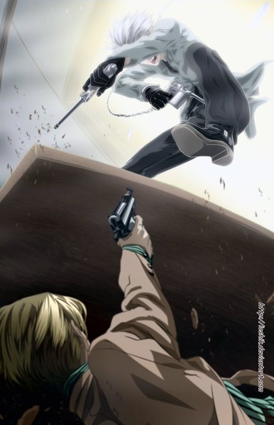 Anime picture 1024x1592 with dogs: bullets & carnage david production haine rammsteiner giovanni rammsteiner ioshik tall image short hair open mouth blonde hair smile silver hair coloring light boy gloves shirt tongue gun pants pistol
